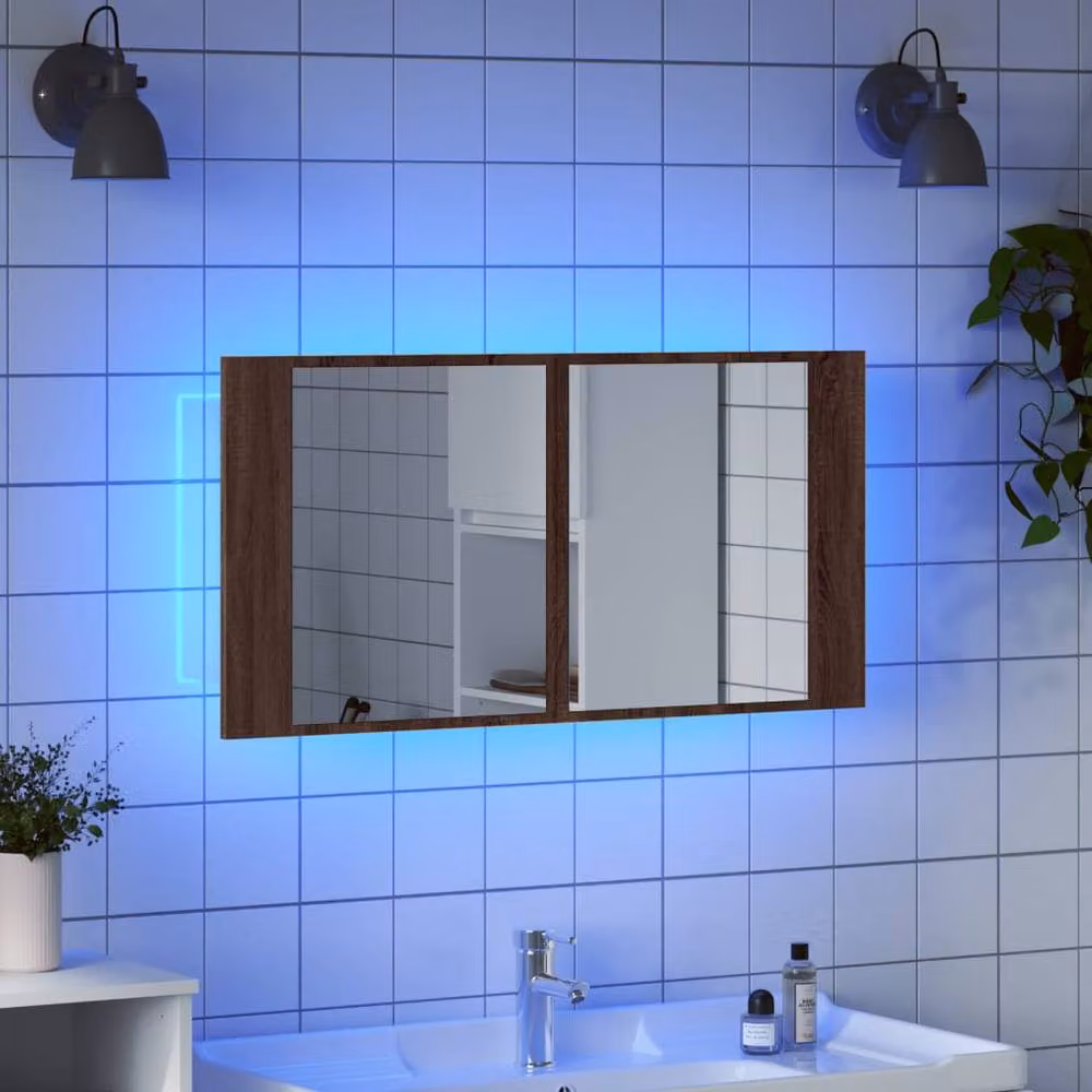Berkfield Home LED Bathroom Mirror Cabinet in Brown Oak, W/D/H: 90 x 12 x 45 cm – 4