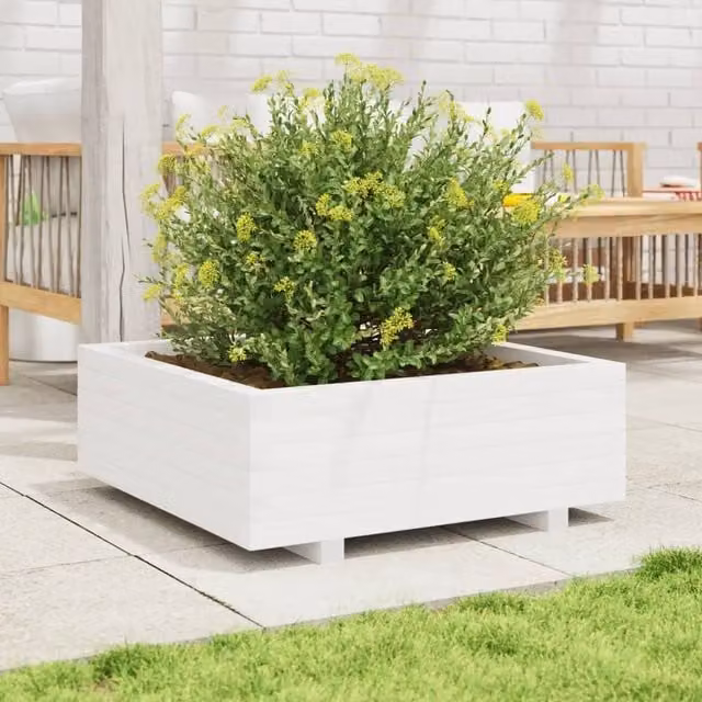 Berkfield Home White Decorative Garden Planter Tub in Solid Wood, W: 70 cm, D: 70 cm, H: 26.5 cm