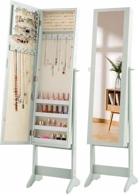 Gymax Mirrored Jewellery Armoire and Organiser Cabinet in Light Green
