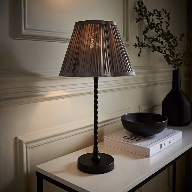 ValueLights Maeve Black Bobble Table Lamp with Dark Grey Pleated Scallop Fabric Shade
