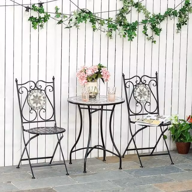 OUTSUNNY 3 Piece Mosaic Tile Garden Bistro Set with Table and 2 Folding Chairs in Grey and Black – 1