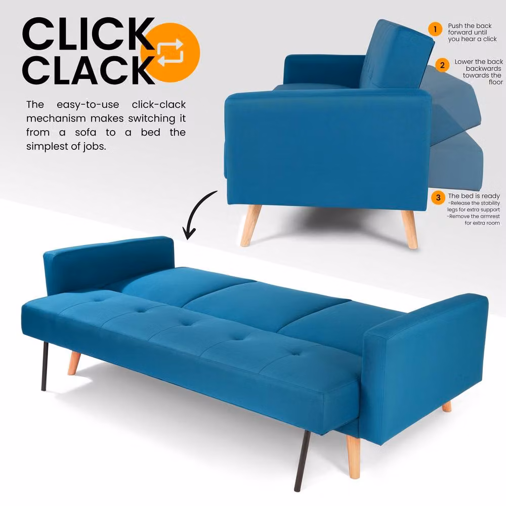 Bravich LTD Narvik 3 Seater Click Clack Sofa Bed in Blue Fabric with Solid Wood Frame W/D/H: 204 x 113 x 87 cm – 4