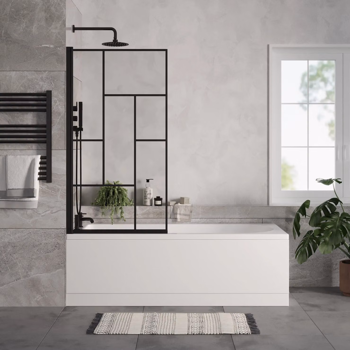 Balterley Round Bath Set with White Panels, Black Abstract Screen and Waste, W/D: 170 x 70 cm – 2