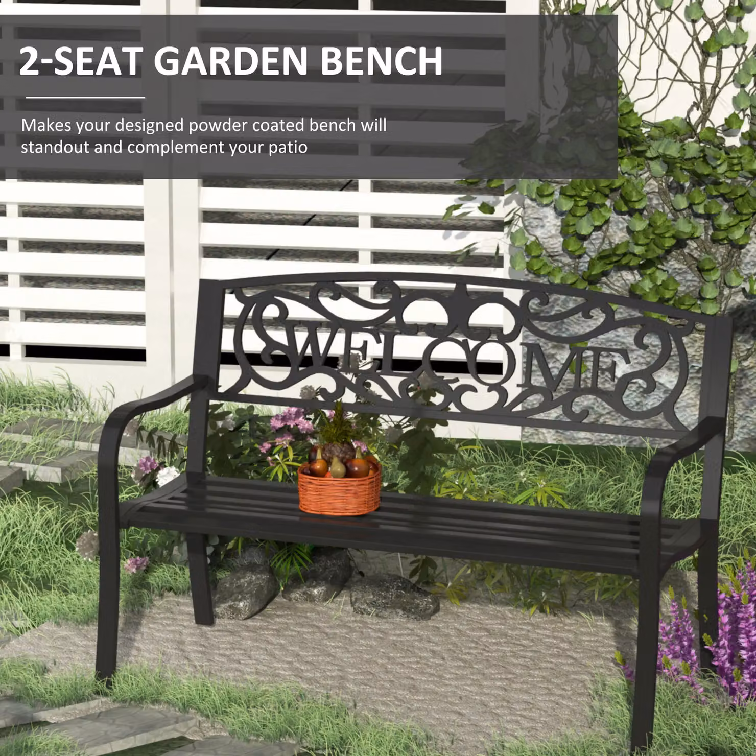 OUTSUNNY Black Metal Double Garden Bench for Outdoor Use – 3