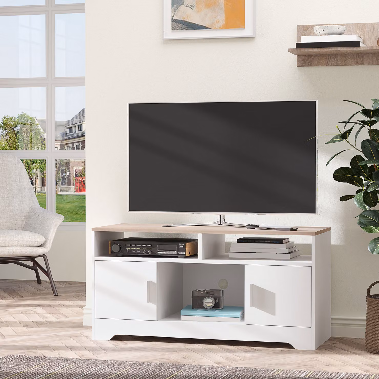 HOMCOM Modern TV Stand for TVs up to 42 Inches with Cabinets and Shelves, White and Brown – 2