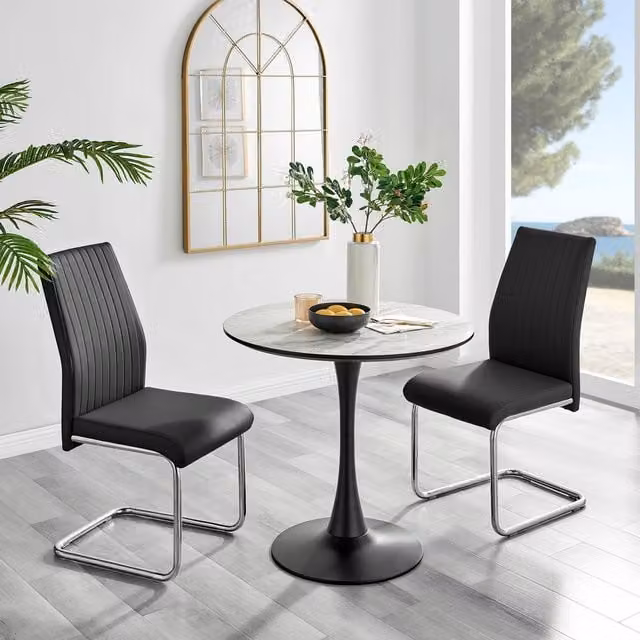 FurnitureboxUK Elina Round White Marble Effect Dining Table and 2 Lorenzo Black Faux Leather Chairs – 1