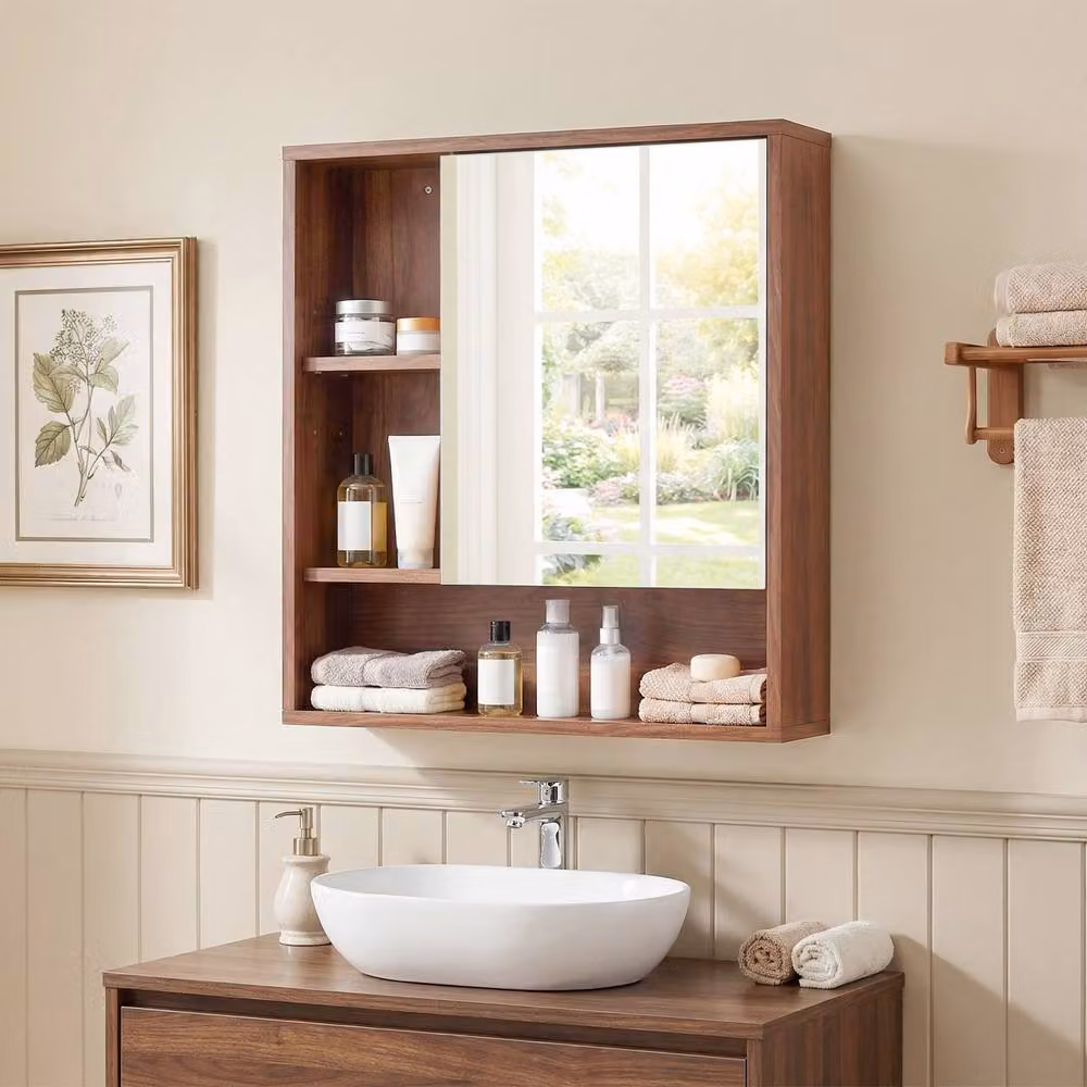 Gymax Brown Wall Mounted Medicine Cabinet with Mirror and Internal Shelves – 4