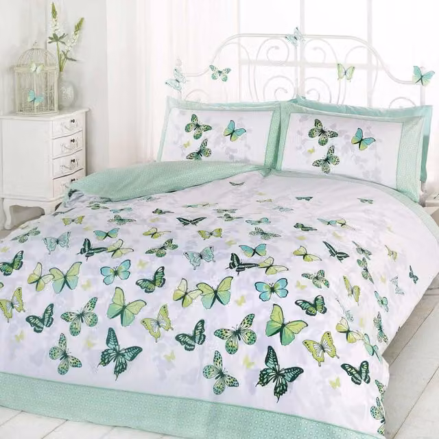 Rapport Home Flutter Butterflies Reversible Polycotton Duvet Set and Pillowcase, Green, W: 180 cm x L: 200 cm