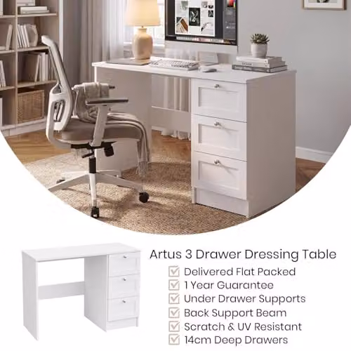 FWStyle Artus Matt White 3 Drawer Dressing Table Vanity Desk W/D/H: 99 x 40 x 72 cm – 3