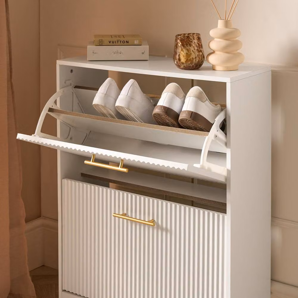 OHS Modern Ribbed 2-Drawer White Flip Down Shoe Cabinet for Hallway Storage – 2