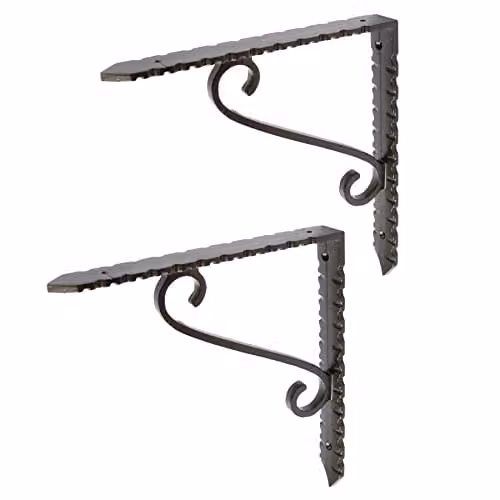 Hammer and Tongs Notched Scroll Iron Shelf Bracket, Matt Black, Pack of 2