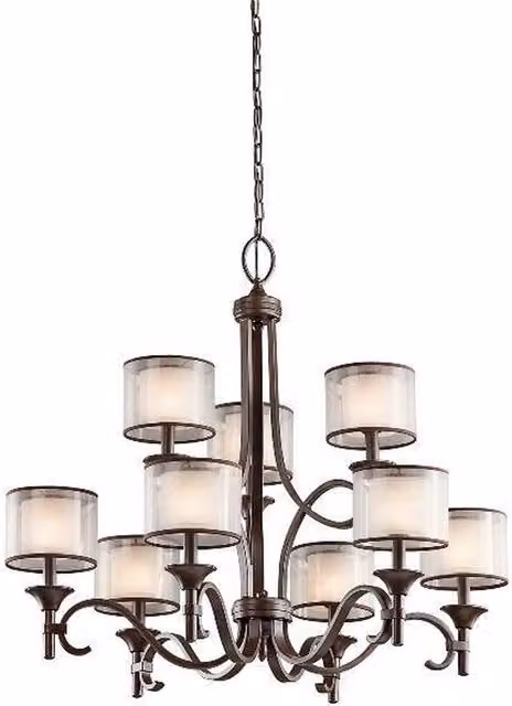 Elstead Lacey 9 Light Multi Arm Chandelier in Mission Bronze with White Glass Shades and E14 Base