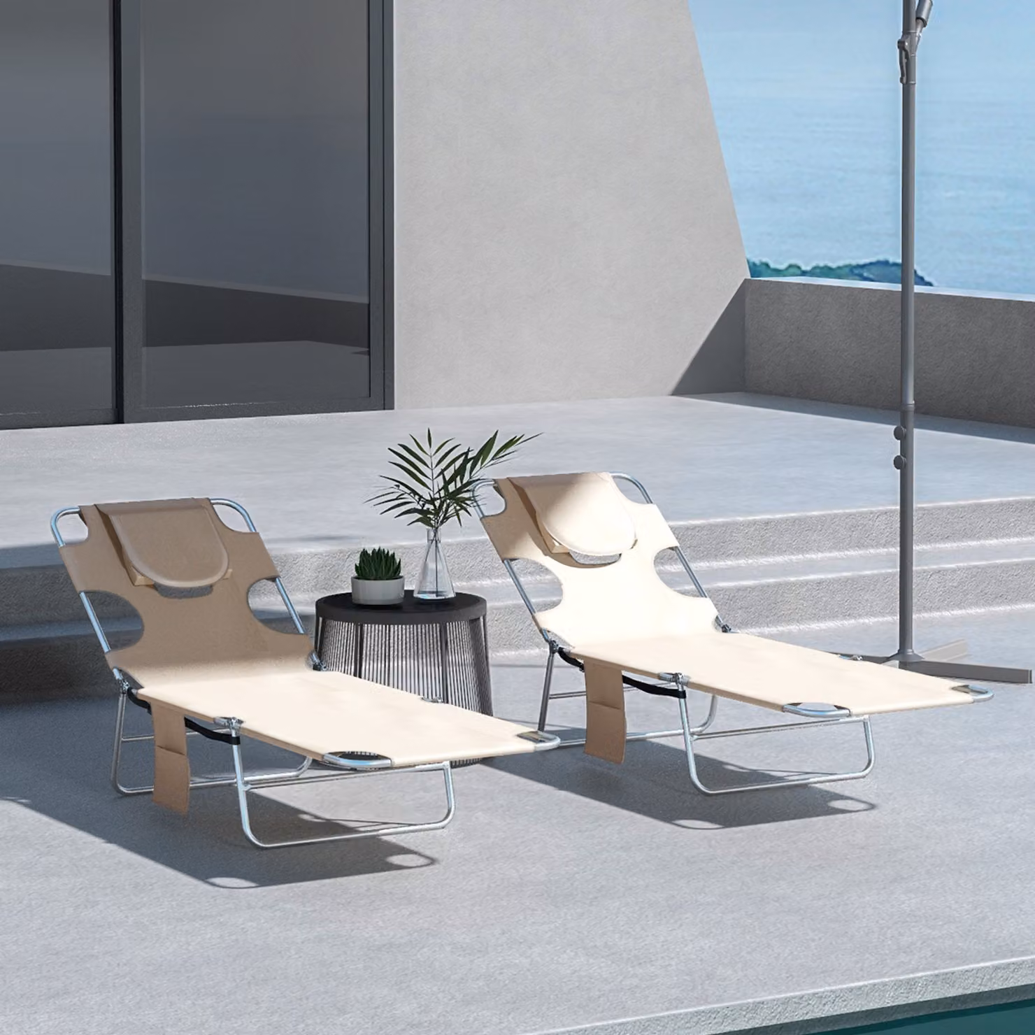 Outsunny Set of 2 Foldable Sun Loungers in Beige with 5-Position Adjustable Backrest, Armrests and Side Pockets – 2
