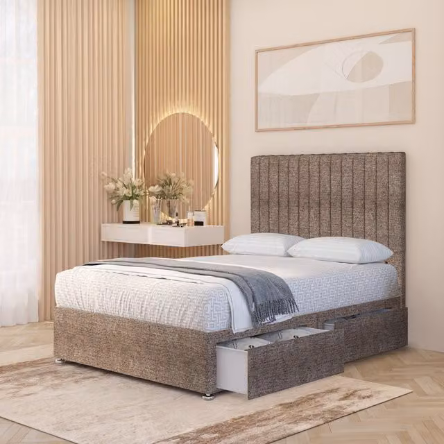 Somnior Beds Ltd Verona Tweed 4000 Pacific Pocket Spring Divan Bed Set with Headboard and Drawers, Brown, W/D/H: 180 x 200 cm