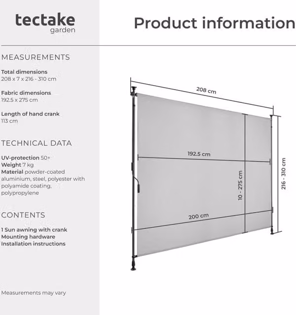 Tectake Taija Clamp Awning with Hand Crank in Light Grey, Width: 208 cm
