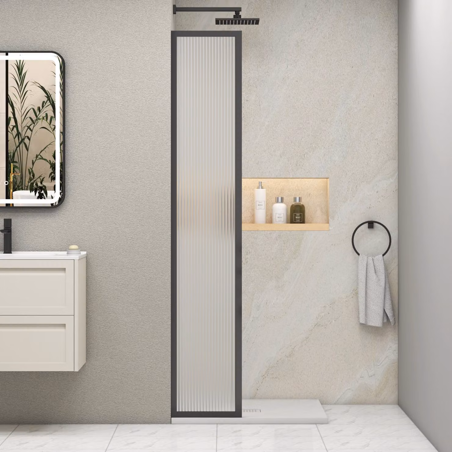 Luxor Fixed Walk-In Wet Room Fluted Shower Screen with Matt Black Frame, 8mm Easy Clean Glass, W: 30 cm, H: 195 cm, D: 30 cm