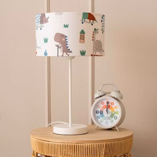 ValueLights White Metal Single Stem Table Lamp with Kids Cartoon Dino Drum Lampshade and LED Bulb – 2