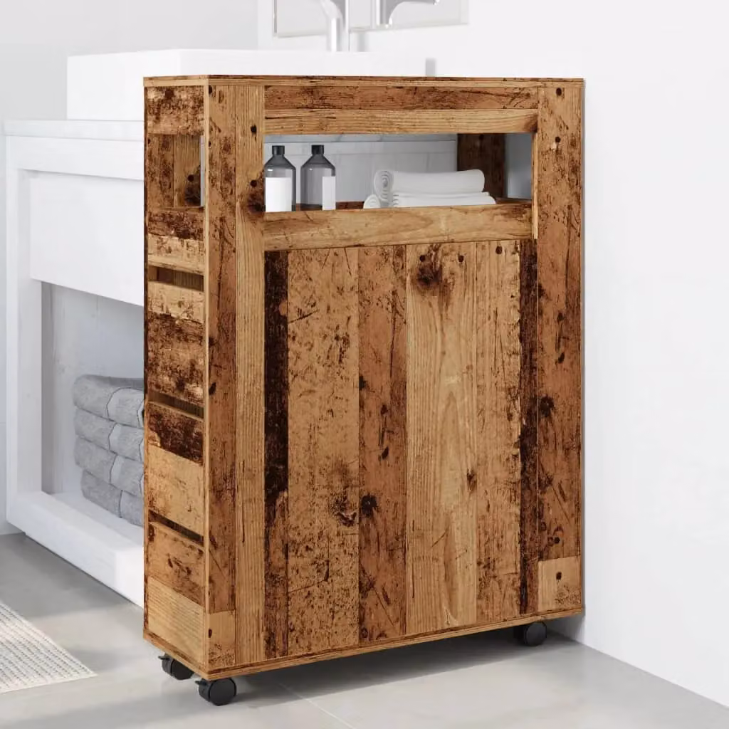 Berkfield Home Narrow Freestanding Bathroom Cabinet with Wheels in Old Wood Brown – 3