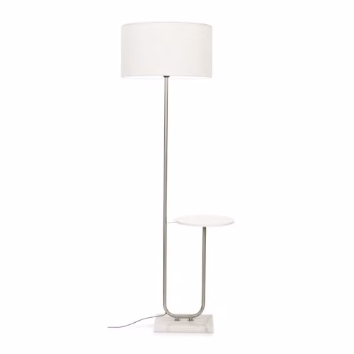 ValueLights MiniSun Floor Lamp with Brushed Chrome Stem, Marble Base and White Fabric Shade