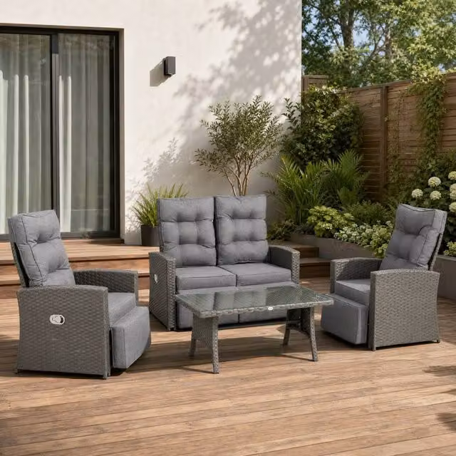 STILVORA Modern 4-Seater Grey Rattan Sofa with Reclining Chairs – 1