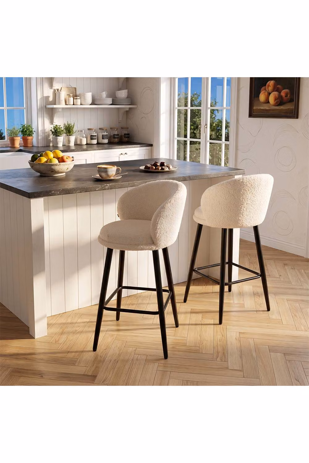 Living and Home Set of 2 White Sherpa Fleece Upholstered Bar Stools with Metal Frames – 2