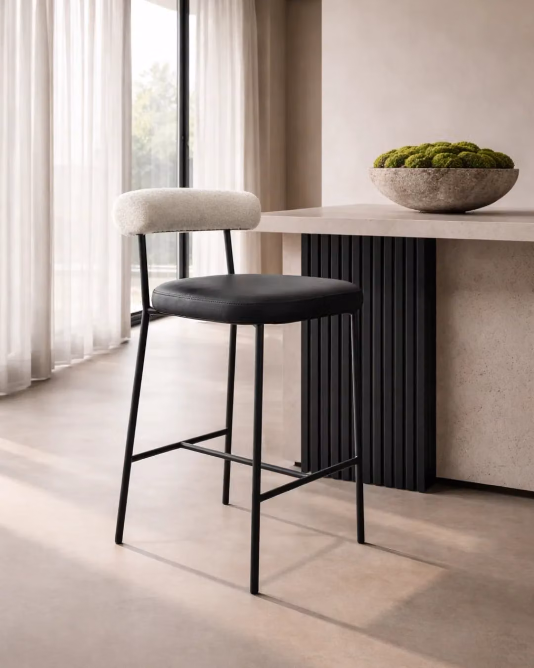 Tommy Franks Alita Stool in Mustang Black and Chex Bouclé Polar