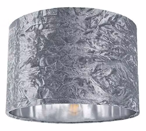 Happy Homewares Modern Silver and Grey Crushed Velvet Circular Drum Lampshade with Shiny Silver Inner