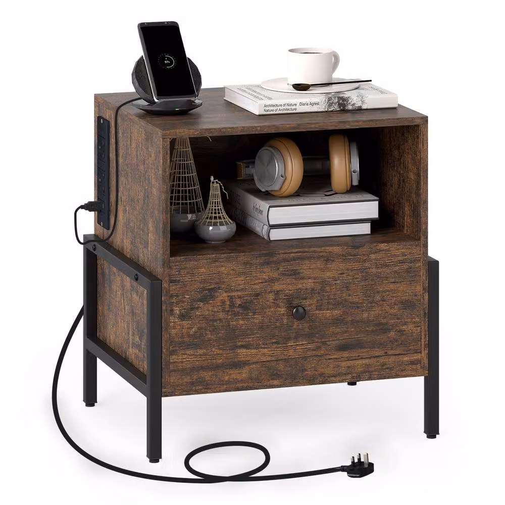 Costway 3-Tier Bedside Table with Drawer and Open Storage Shelf in Brown – 3