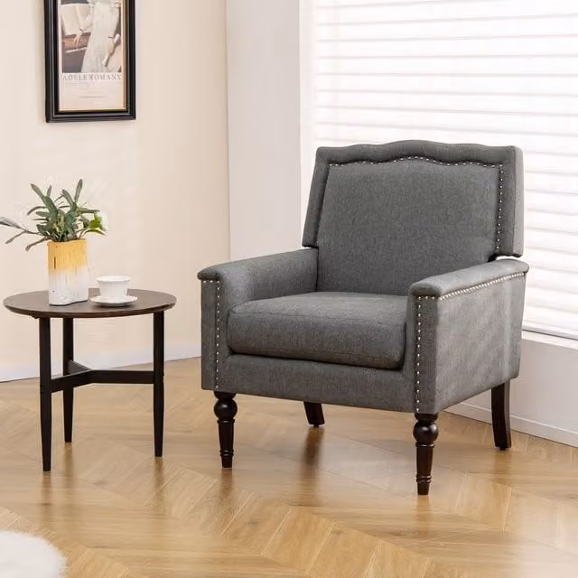 Costway Modern Armchair in Grey Linen Fabric with Nailhead Trim and Rubberwood Legs – 1
