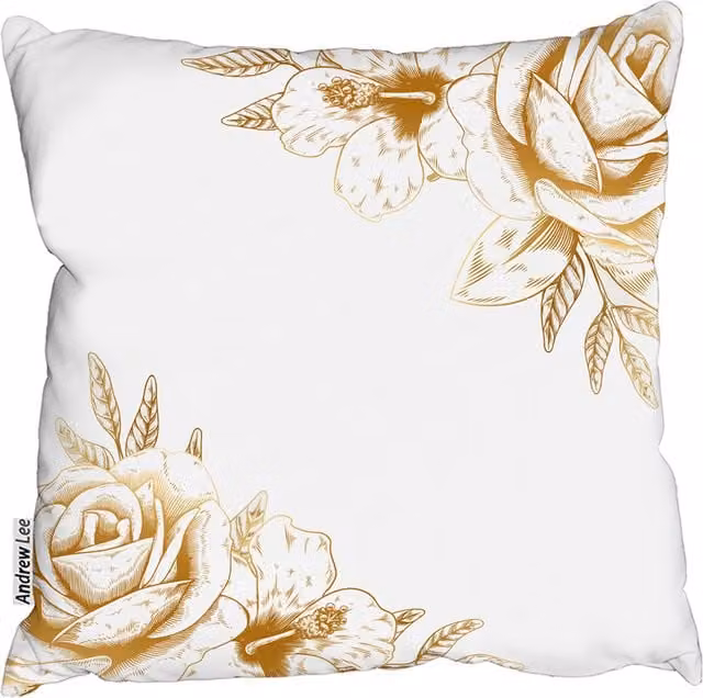 Andrew Lee Gold Rose Floral Square Cushion in Yellow, Gold and White, W/D/H: 60 x 60 x 1 cm