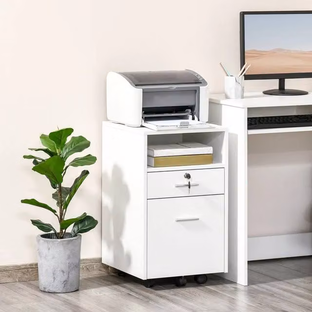 FORGEVIO White Mobile Office Filing Cabinet and Printer Stand