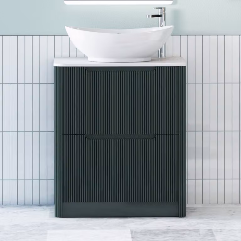 Royal Bathrooms Avenza Moss Green Floor Standing 2 Drawer Vanity Unit with White Worktop and Amaze Basin, Depth: 60 cm