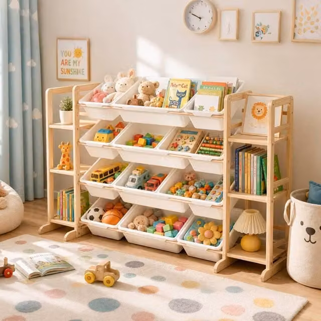 GALACTICA Kids Wooden Toy Storage Organizer and Bookshelf with Storage Bin, Yellow