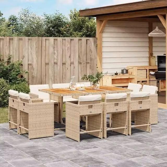 Berkfield Home 11 Piece Extendable Garden Dining Set with Beige Cushions and Acacia Wood Poly Rattan