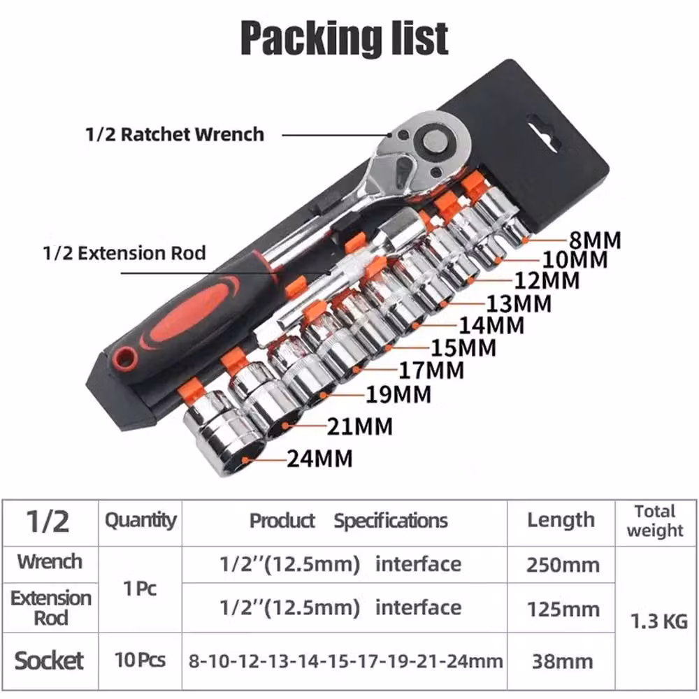 Hinsinc 12-Piece 1/2 Inch Metric Socket Set with Ratchet, 8-24mm, Chrome Vanadium, Silver and Multicolour – 4