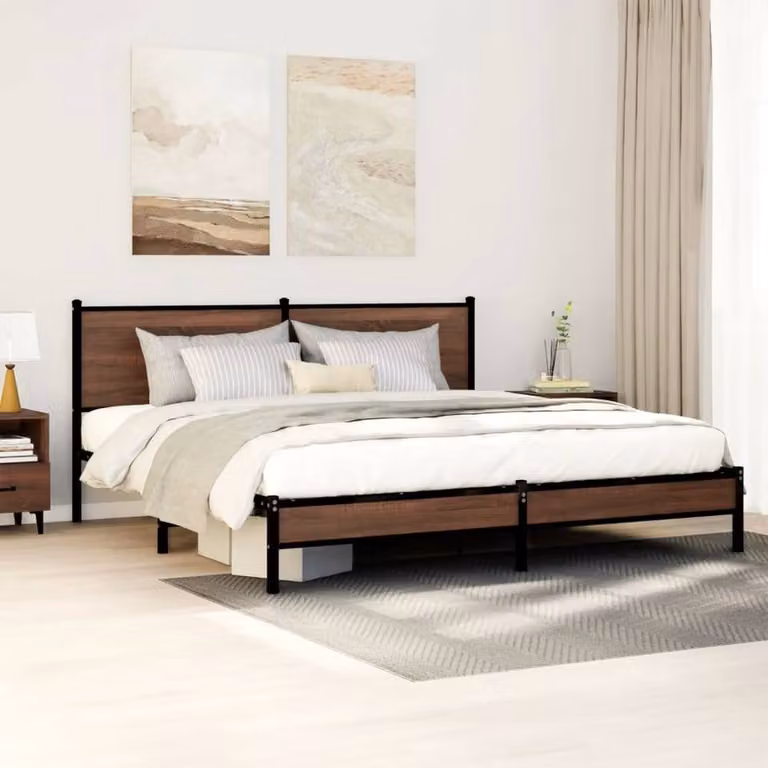 Berkfield Home Metal Bed Frame in Brown Oak, W: 160 cm, D: 200 cm
