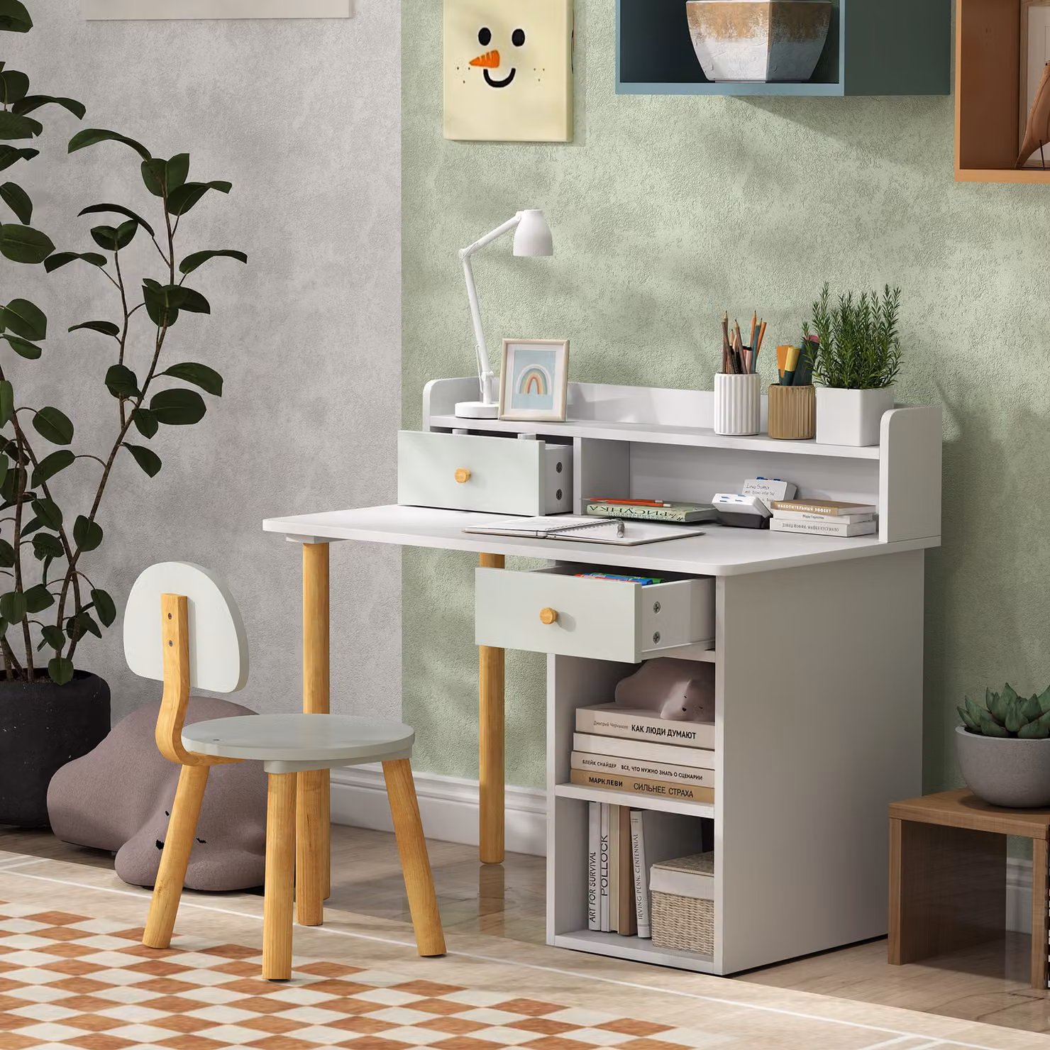 AIYAPLAY Two-Piece Childrens Study Table and Chair Set with Hutch, Shelves and Drawer, Green and White – 3