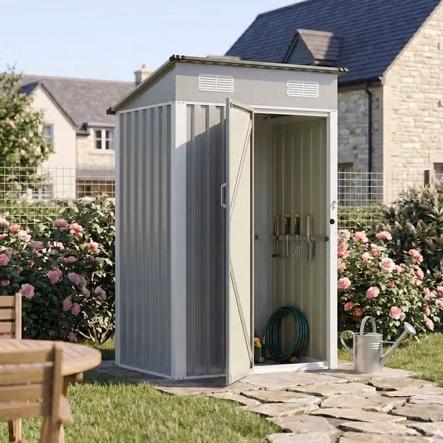 Breeins Metal Pent Garden Storage Shed with Lockable Door, Grey and White, W/D/H: 121.92 x 91.44 x 182.88 cm
