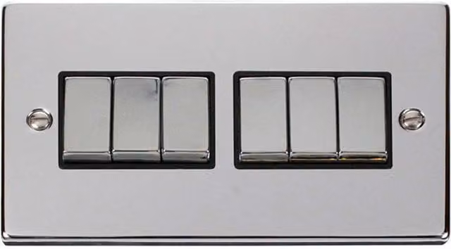 SE Home 6 Gang 2 Way Ingot Light Switch in Polished Chrome and Metallic Silver