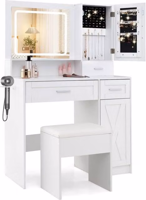Costway Farmhouse Makeup Vanity Desk and Stool Set with Hollywood LED Lighting in White