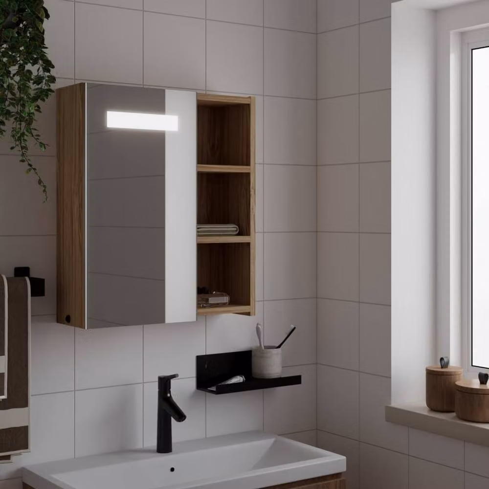 Berkfield Home Modern Bathroom Mirror Cabinet with LED Light in Oak Brown, W/D/H: 45 x 13 x 52 cm – 2