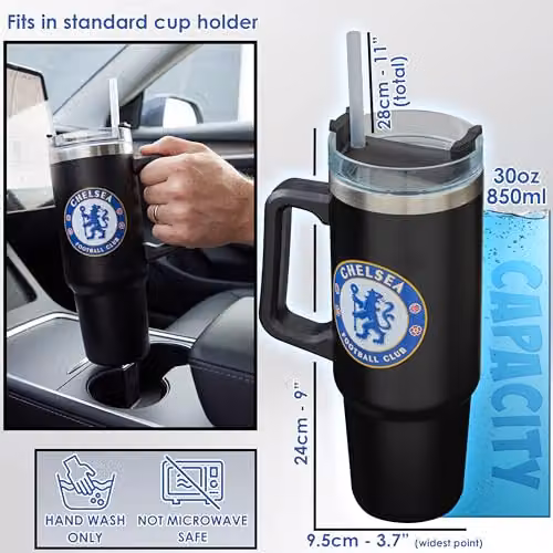 Get Trend Chelsea FC Insulated Stainless Steel Tumbler with Straw and Handle, Black, 850ml – 5