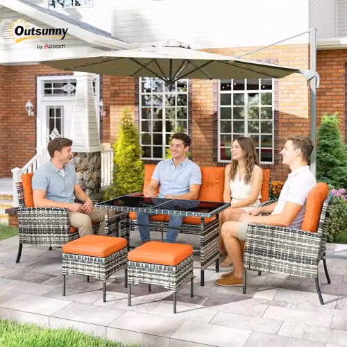 Outsunny 6 Piece Rattan Garden Furniture Set with Orange Upholstered Cushions and Powder Coated Steel Frame – 2