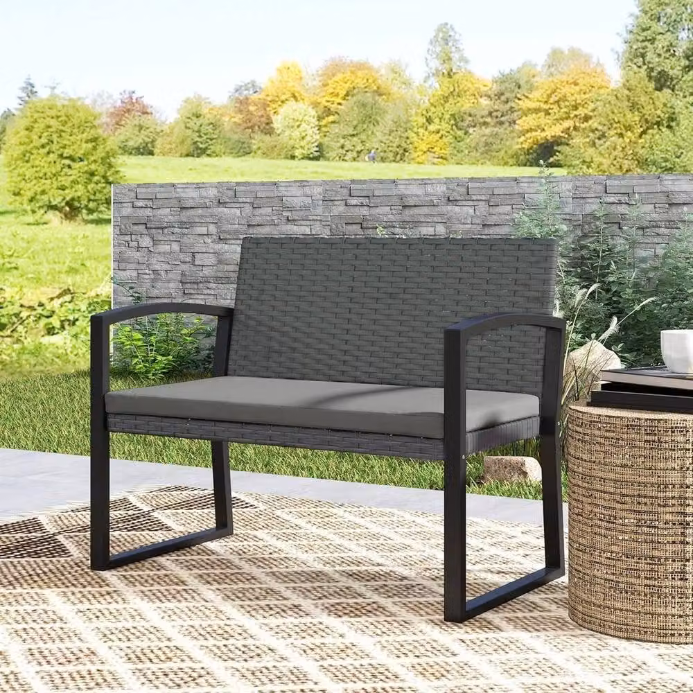 Nordara 2-Seater Rattan Garden Bench with Grey Fabric Cushions and Matt Steel Frame – 2