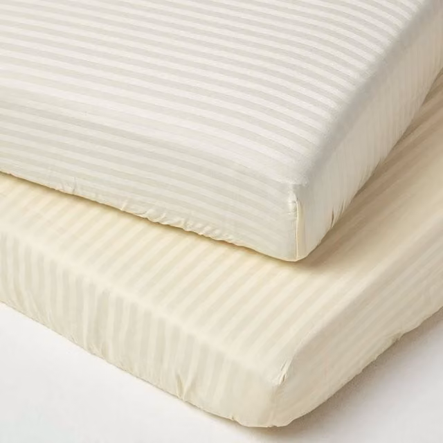 Homescapes 2 Pack Egyptian Cotton Stripe Fitted Cot Sheets, 330 Thread Count, Pale Yellow