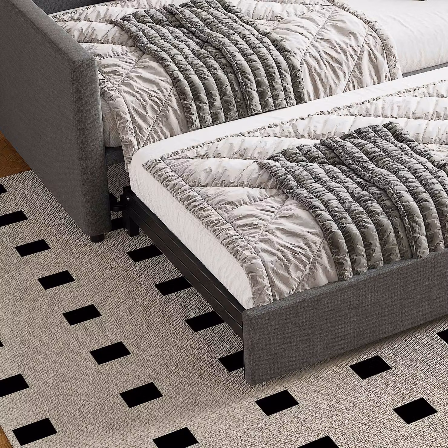Aosom.UK Grey Upholstered Single Day Bed with Pull-Out Bottom Bed, Converts to Double Floor Bed, W/D/H: 191 x 203 x 73 cm – 6