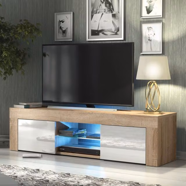 Creative Furniture Loom TV Unit in Oak with White Gloss Doors and LED Lights, W: 130 cm, D: 35 cm, H: 35 cm – 1