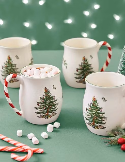 Spode Set of 4 Christmas Tree Porcelain Mugs in Multicolour and White