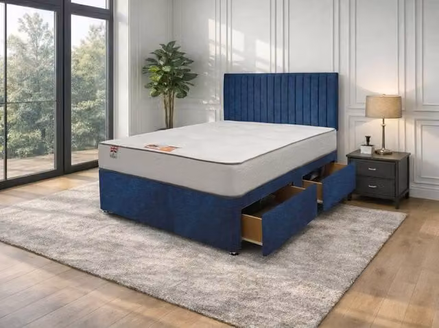 Knight Sleep Emily Naples Bed Set with Hybrid Mattress and 2 Drawers in Navy Blue, W/D/H: 90 x 190 cm