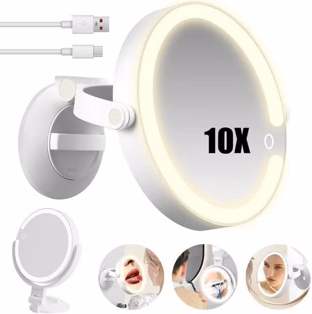 SPETLEK 360° Rotating Double Sided Magnifying Makeup Mirror with Dimmable LED Light in White